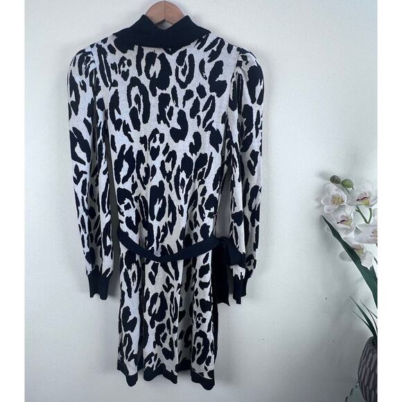 WHO WHAT WEAR Black & White Leopard Print Turtleneck Belted Sweater Dress Size M - Picture 4 of 8
